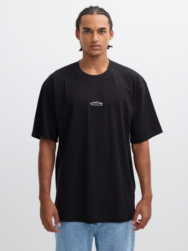 Petit café print t-shirt black middle front view