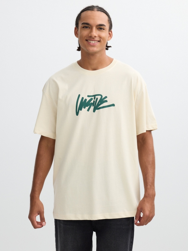Camiseta estampa texto Inside areia vista meia frontal