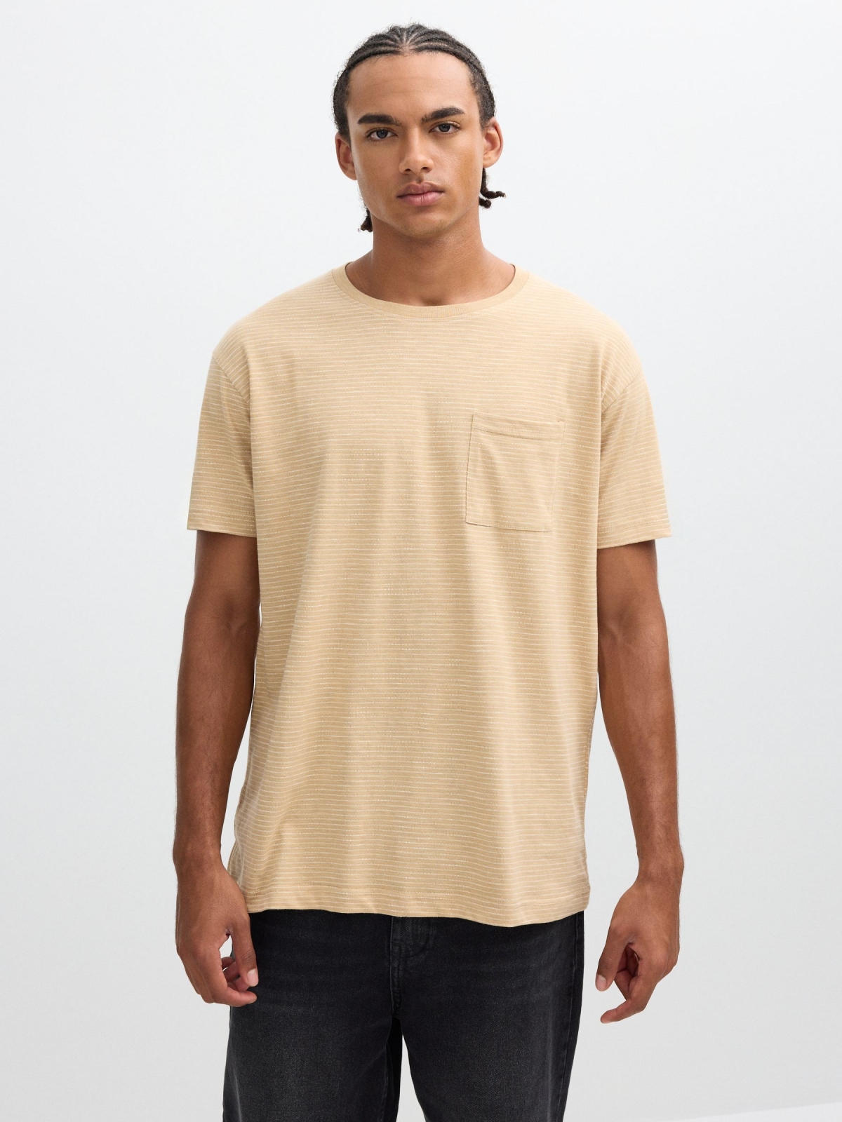 Striped print t-shirt with pocket sand middle front view