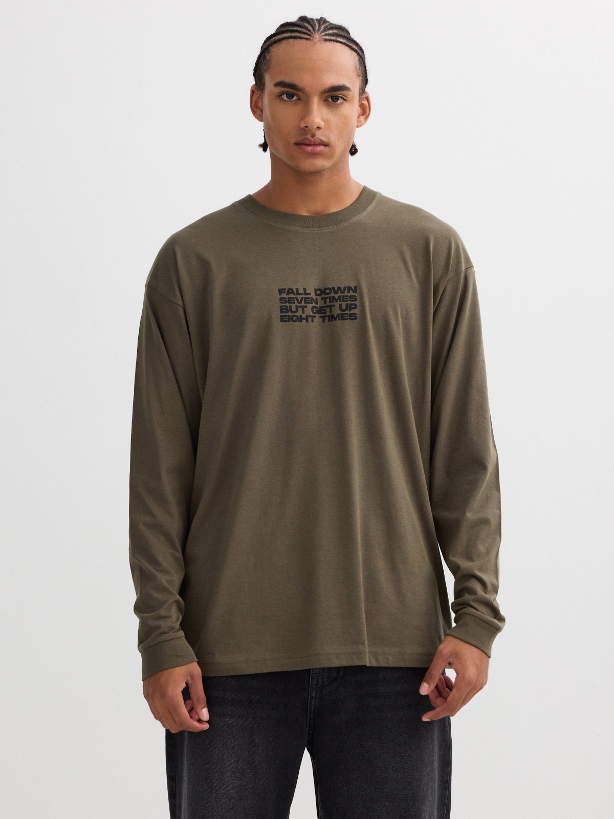 Long-sleeve shirt with oriental print khaki middle front view