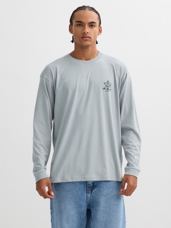 Long sleeve t-shirt with work print blue middle front view