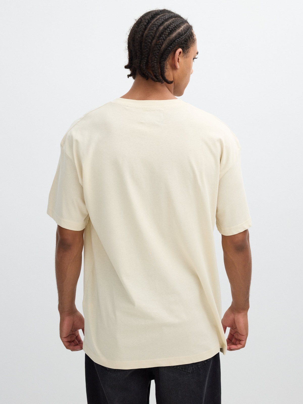 Camiseta estampa texto Inside areia vista meia traseira