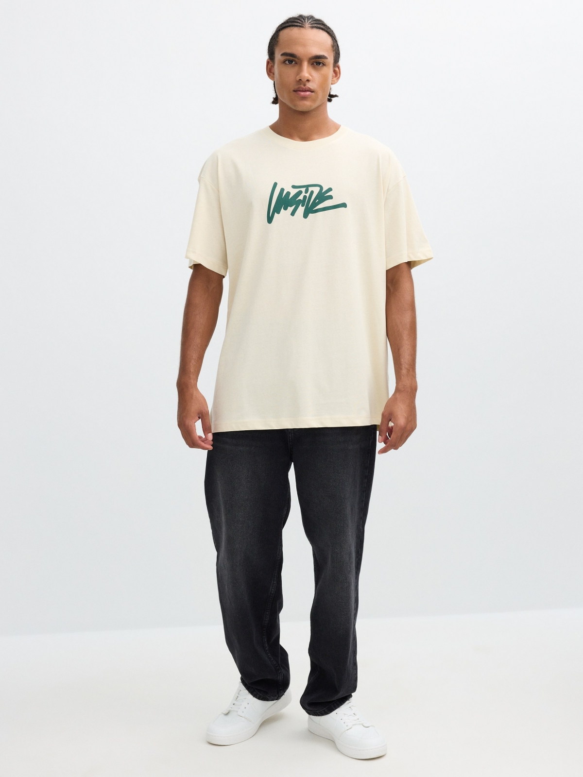 Camiseta estampa texto Inside areia vista geral frontal
