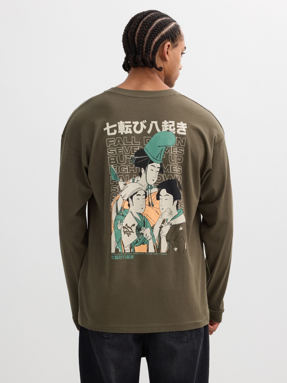 Camiseta manga larga estampado oriental kaki vista media trasera