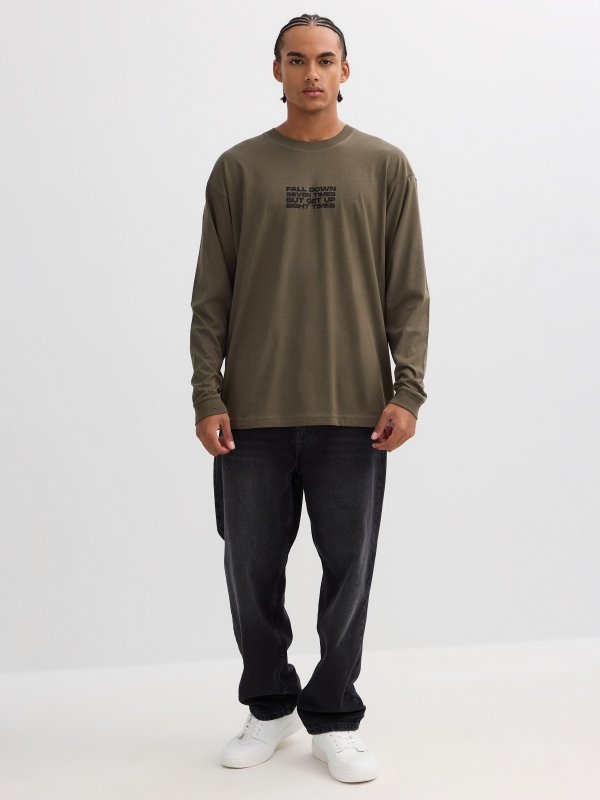 Long-sleeve shirt with oriental print khaki front view