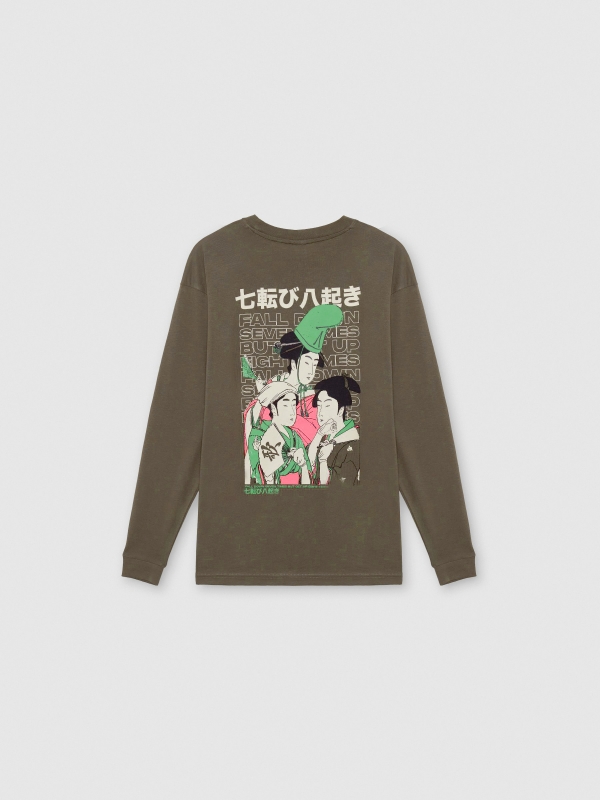 Camiseta manga larga estampado oriental kaki vista trasera