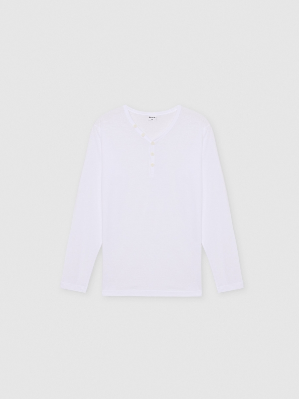  Camiseta manga larga lisa cuello botones blanco vista frontal