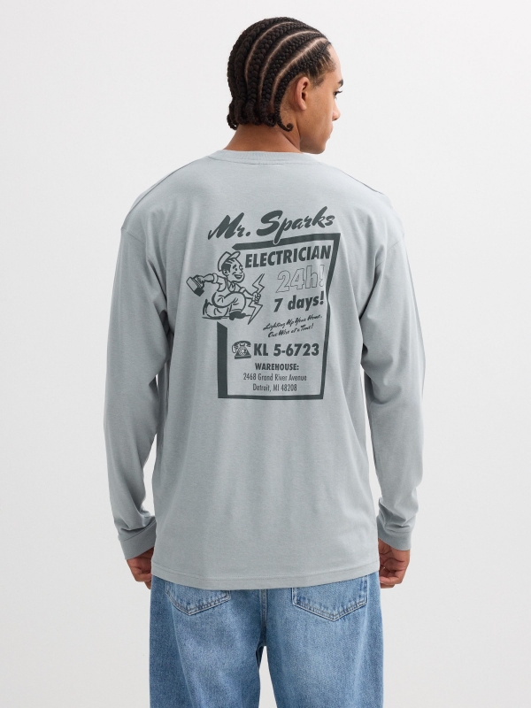 Long sleeve t-shirt with work print blue middle back view