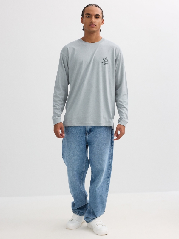 Long sleeve t-shirt with work print blue front view