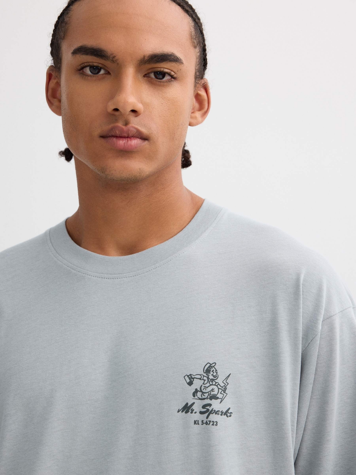 Long sleeve t-shirt with work print blue detail view