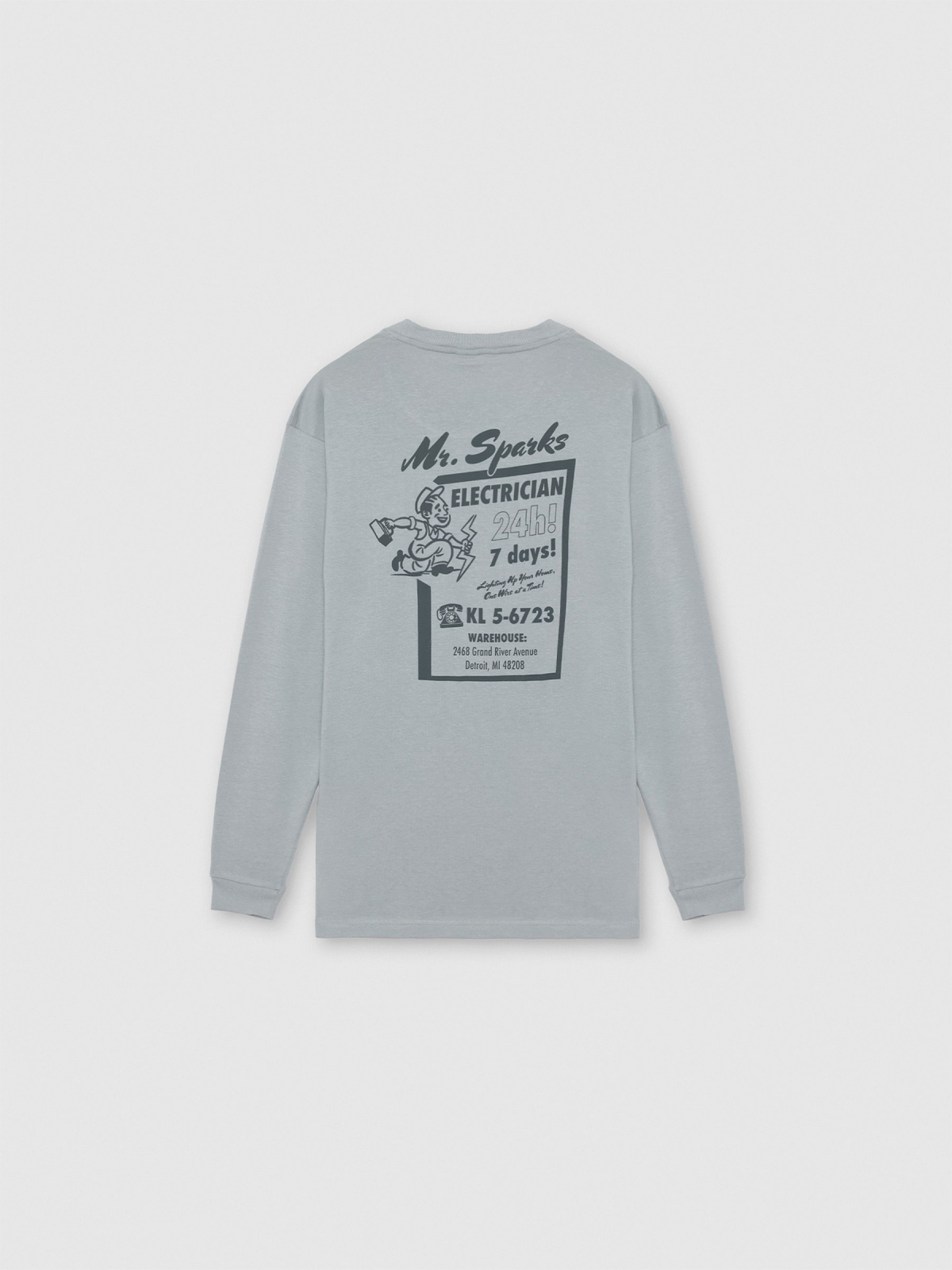 Long sleeve t-shirt with work print blue back view