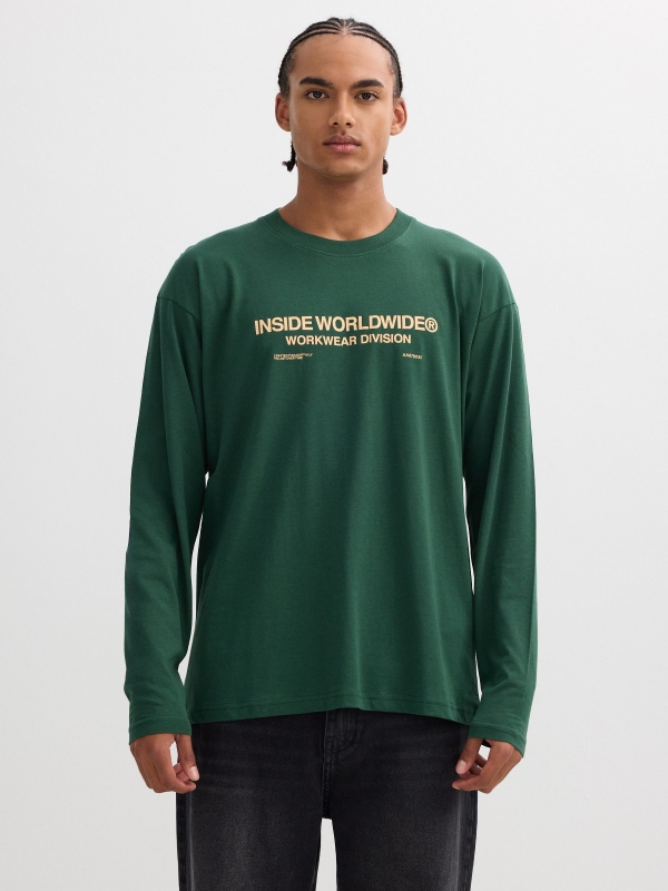 Long sleeve t-shirt with text print green middle front view