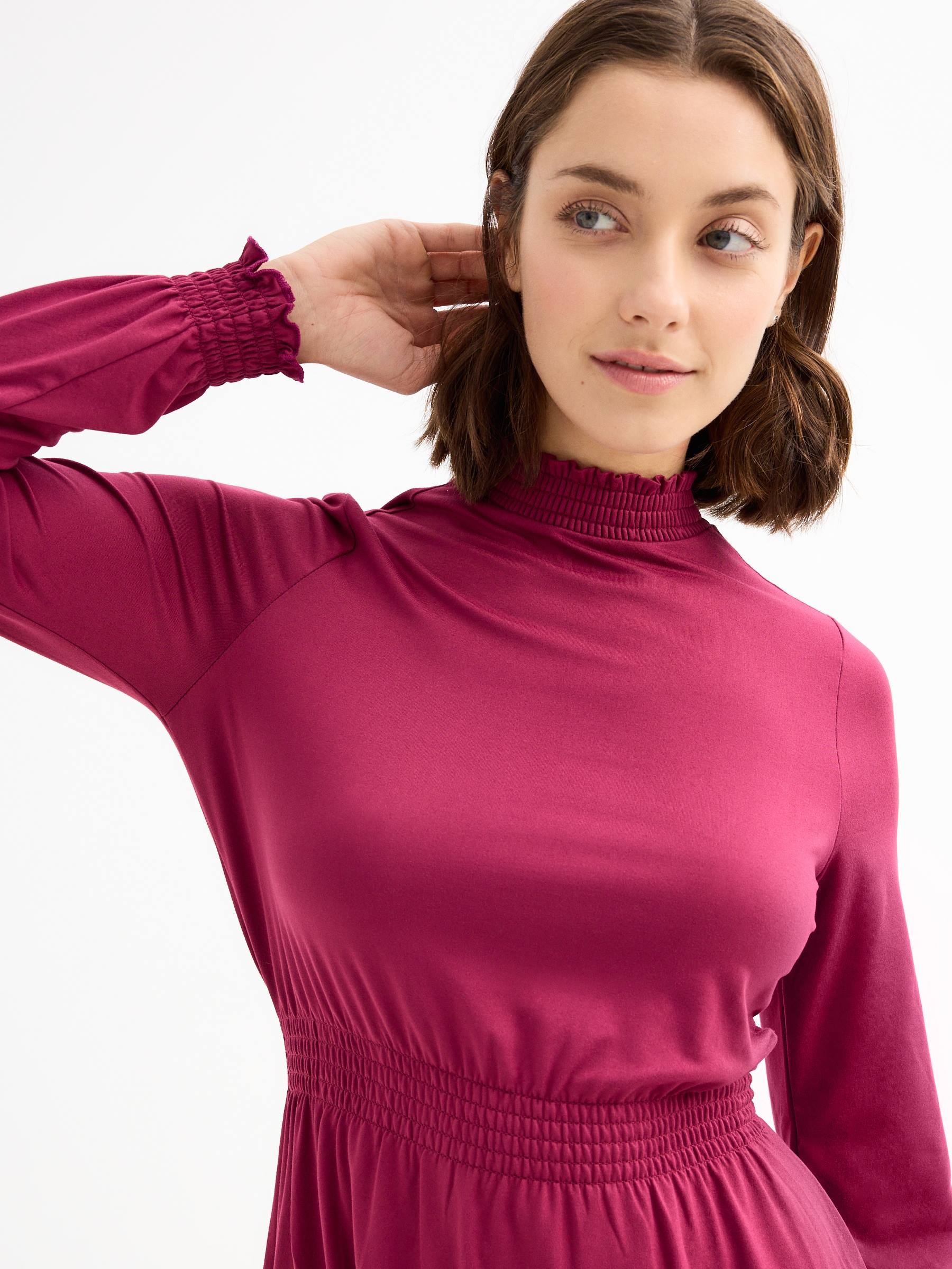 Long sleeve mini dress with floral print red purple three-quarter front view