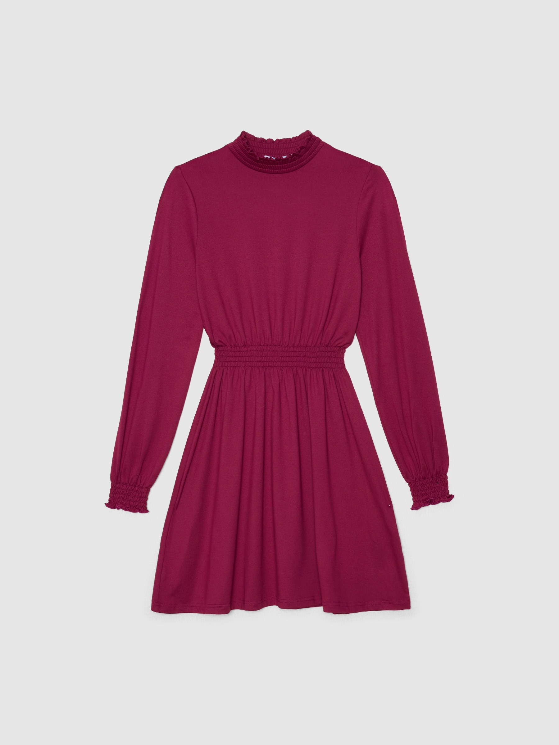 Vestido mini manga larga vuelo estampado flores rojo morado vista tres cuartos frontal