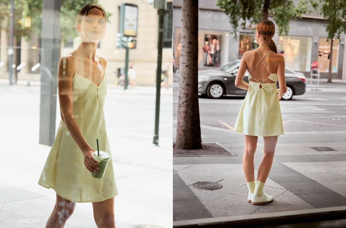 Vestido mini bordado suíço off white vista meia frontal