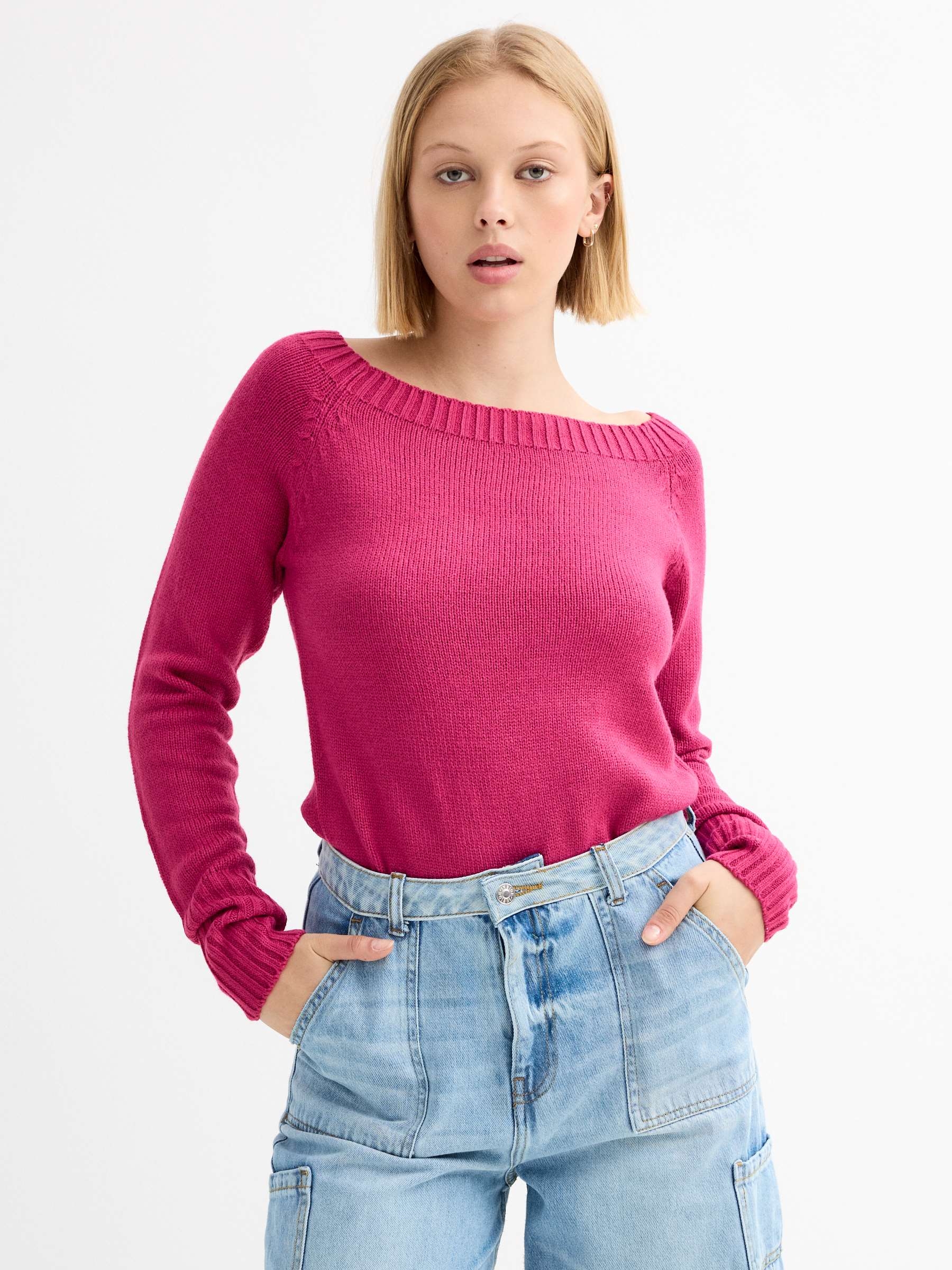 Marbled boat sweater fuchsia middle front view