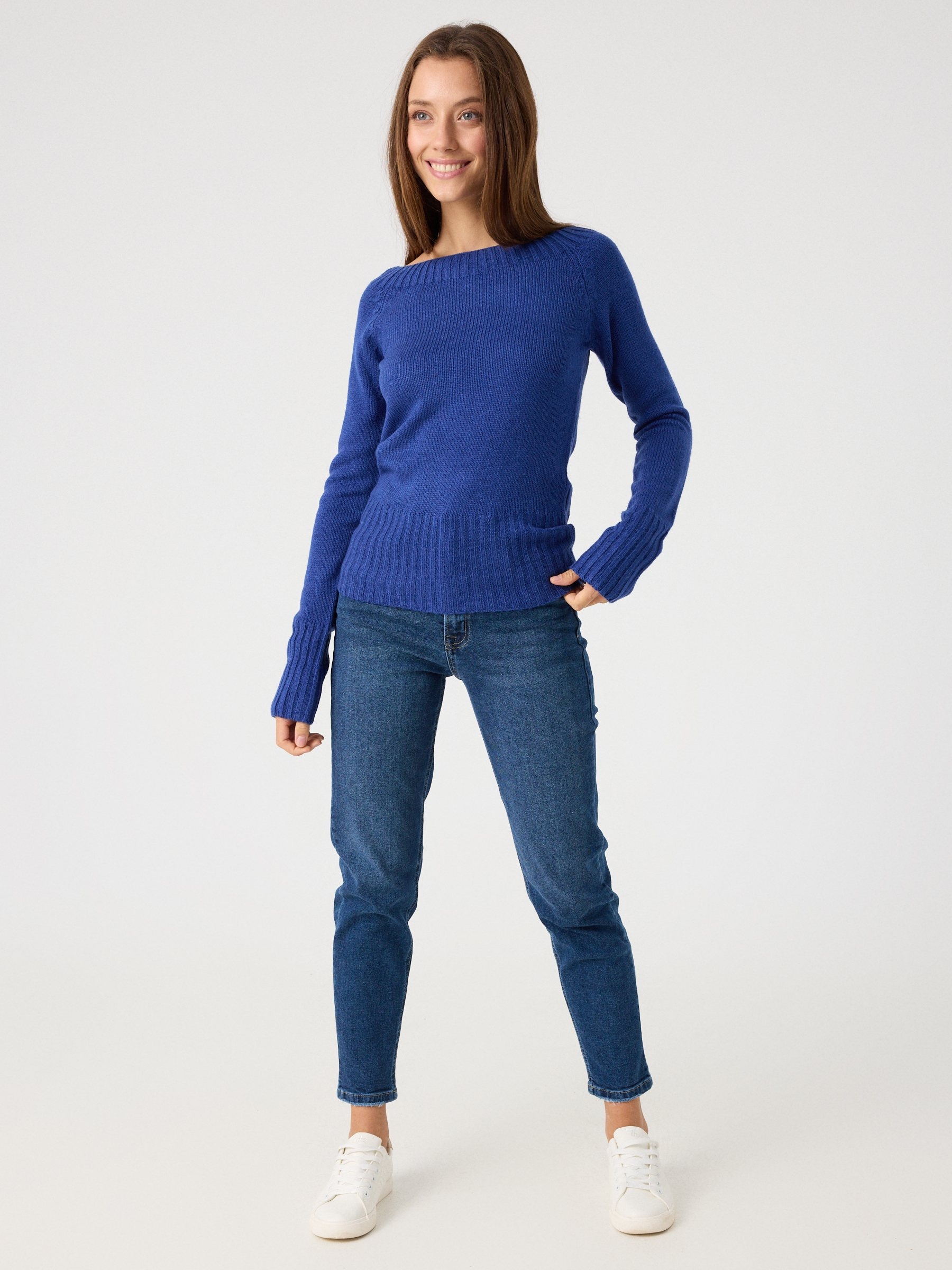 Marbled boat sweater indigo blue middle front view