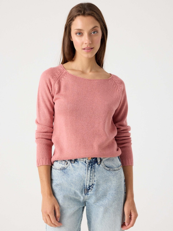 Jersey básico de cuello redondo rosa vista media frontal