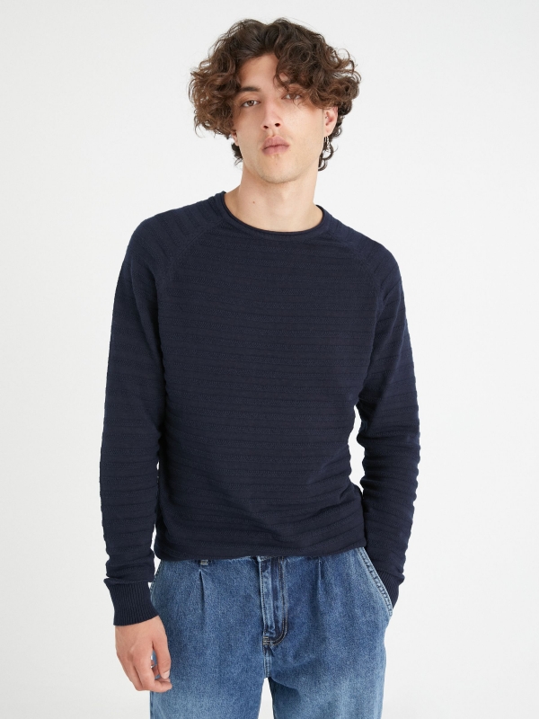 Striped shirting with elbow patches blue middle front view