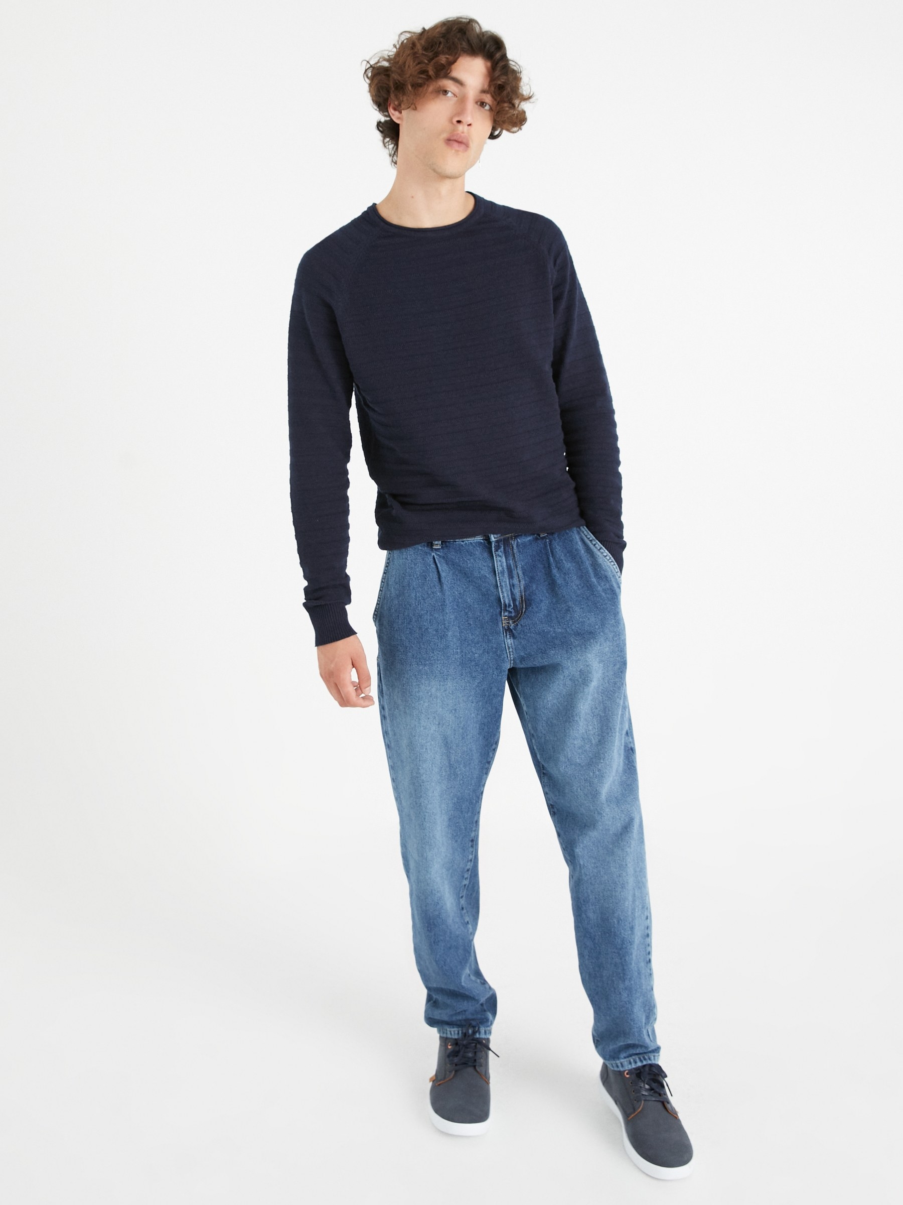 Striped shirting with elbow patches blue middle front view