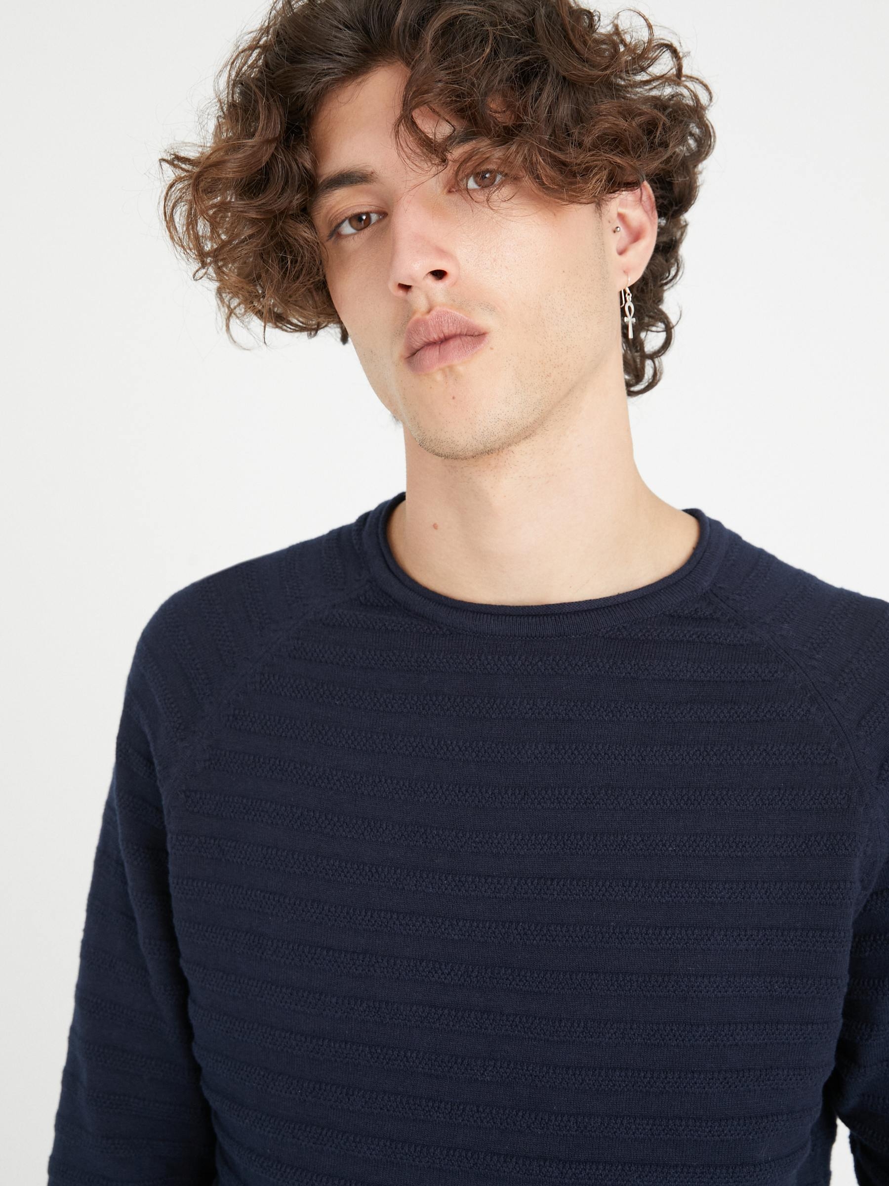 Striped shirting with elbow patches blue middle front view