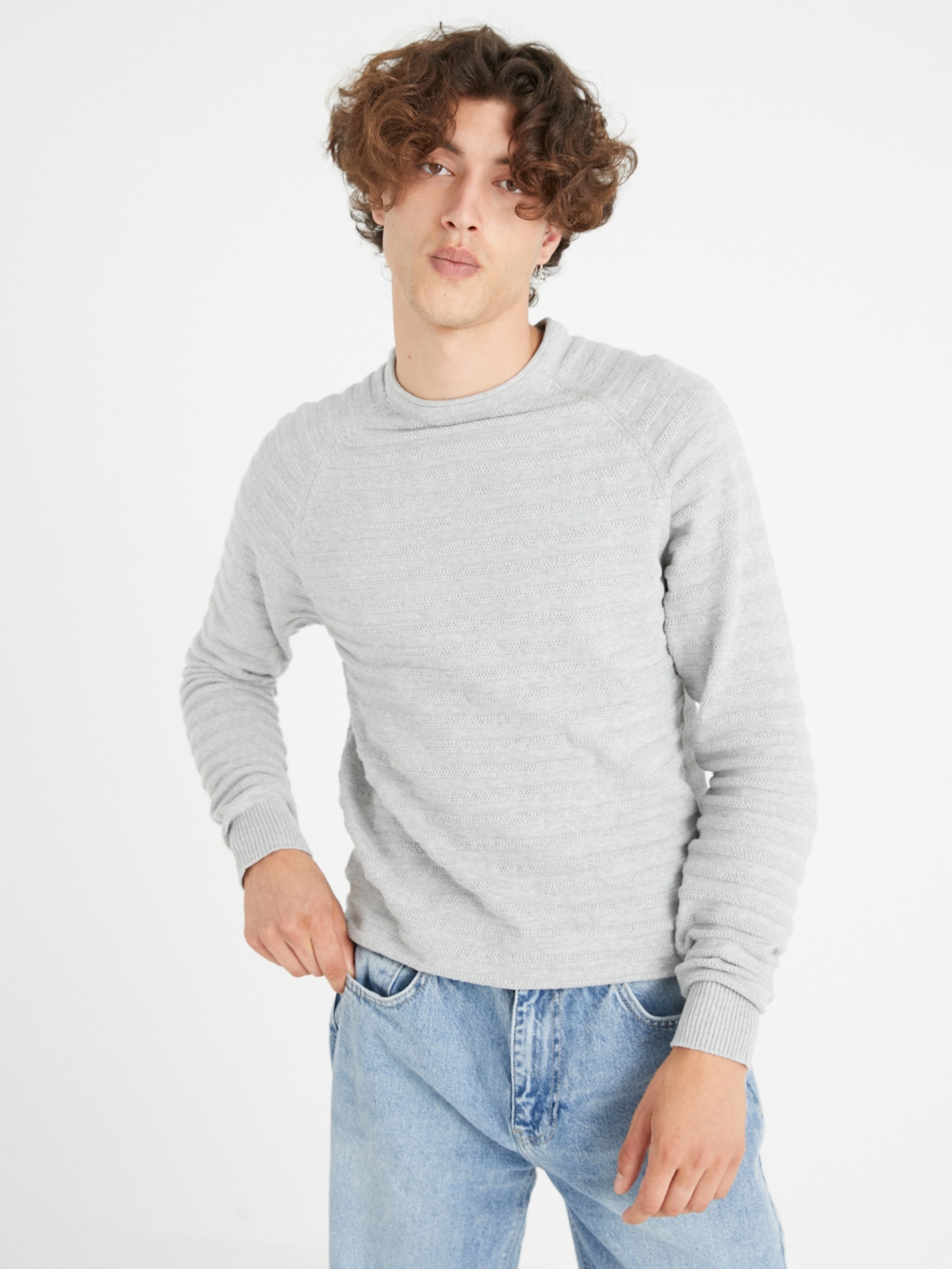 Striped shirting with elbow patches melange grey middle front view