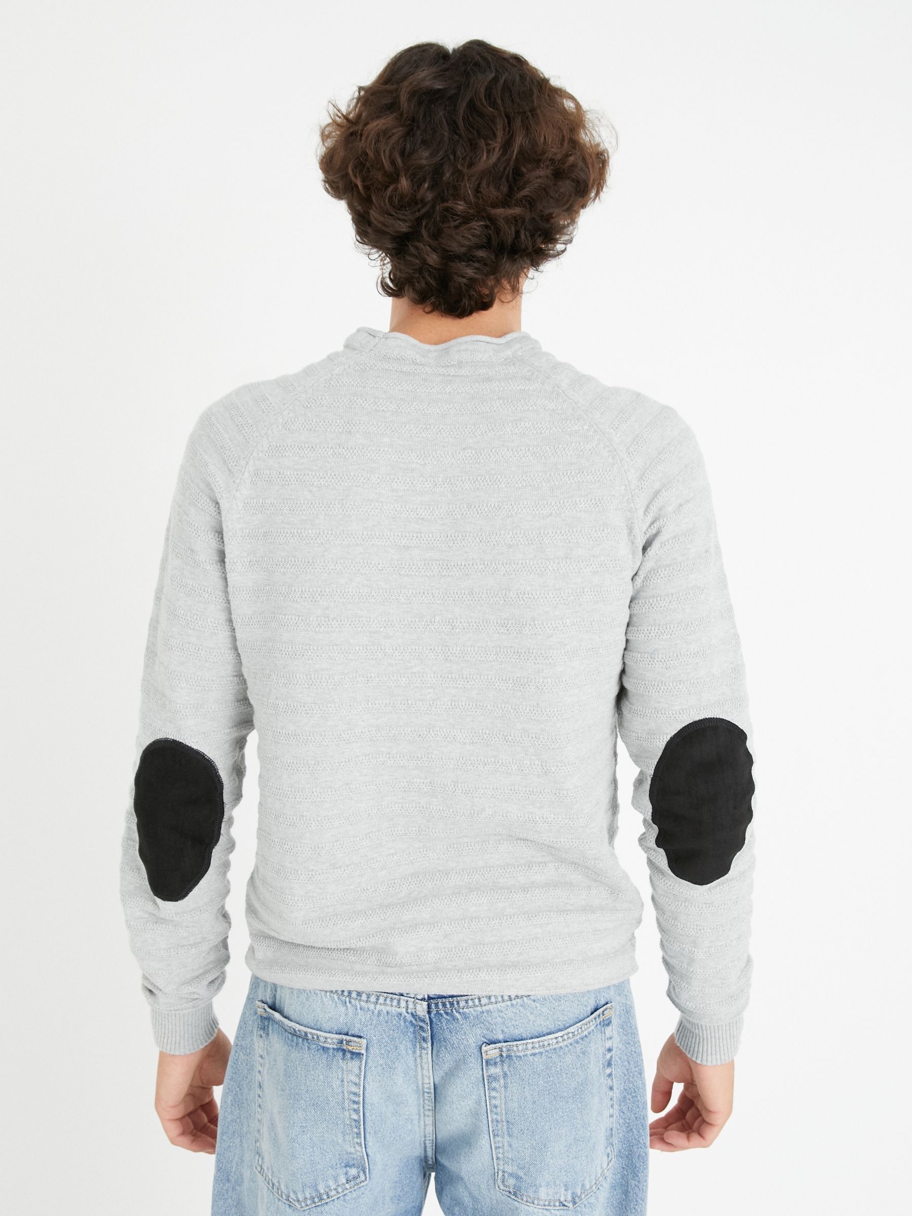 Striped shirting with elbow patches melange grey middle front view