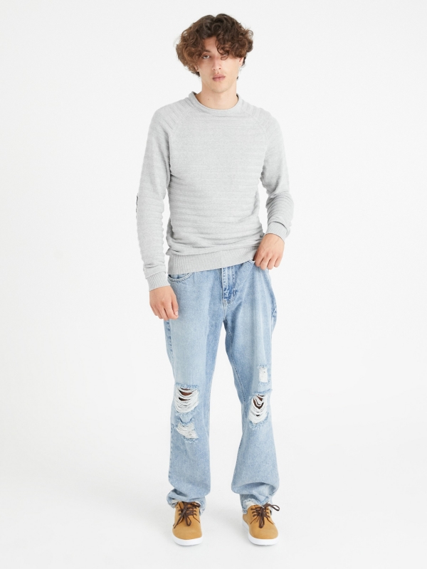 Striped shirting with elbow patches melange grey front view