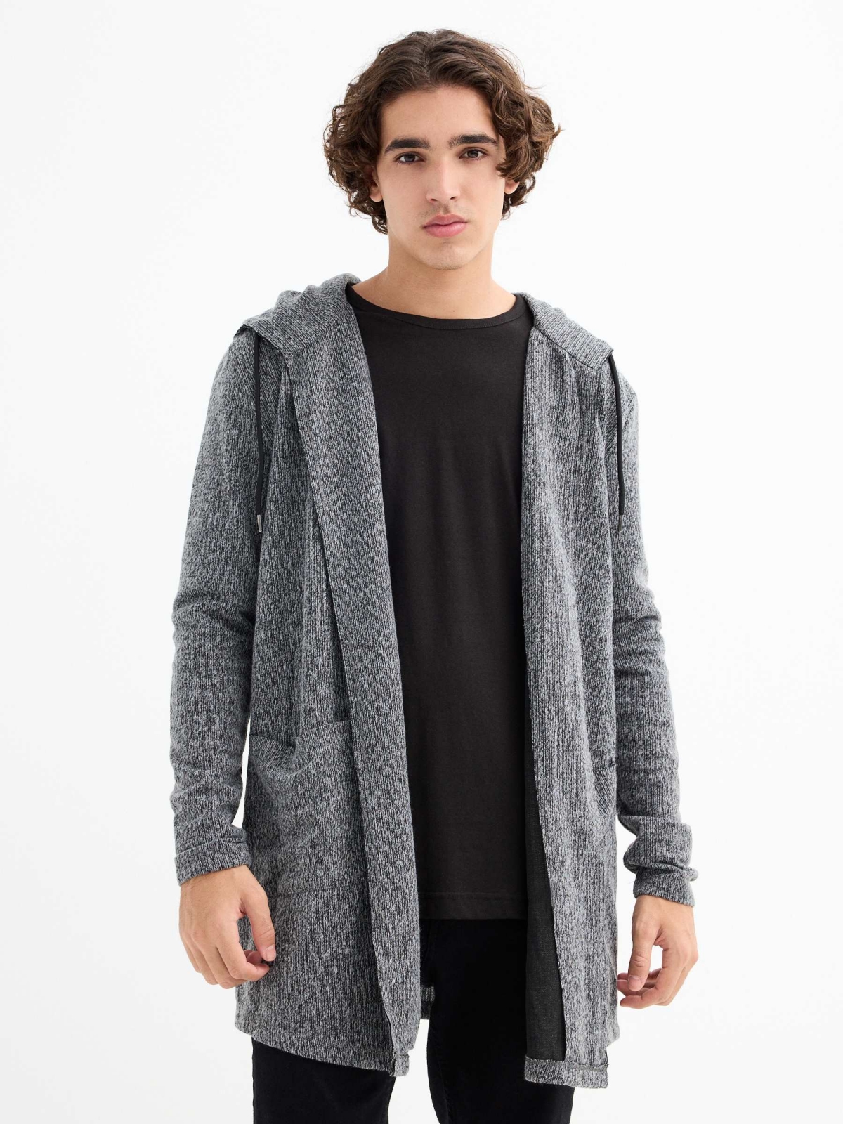 Chaqueta de punto abierta gris oscuro vista media frontal