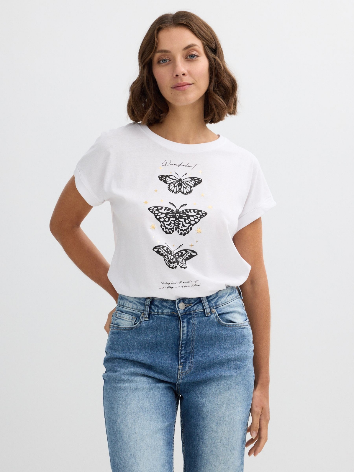 Camiseta manga corta mariposas blanco vista media frontal