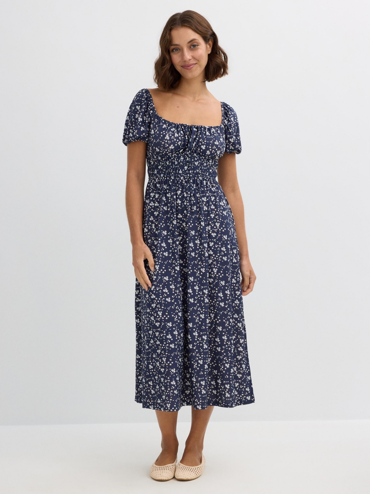 Floral print midi dress navy middle front view