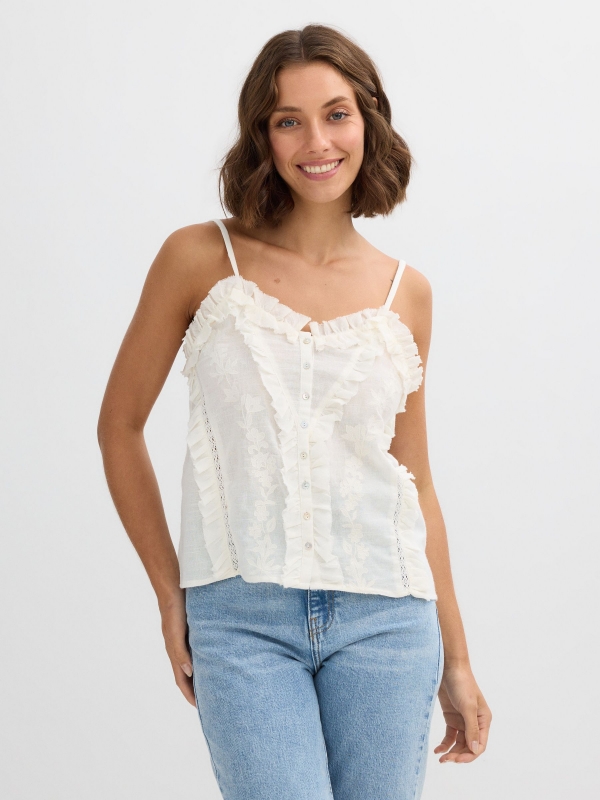 Top alças bordadas off white vista meia frontal