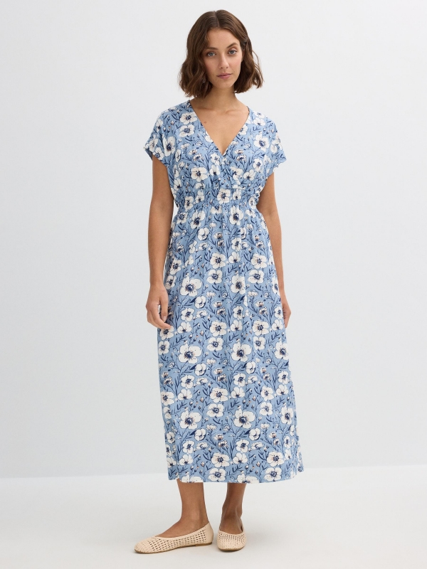 Vestido midi floral azul gris azulado vista media frontal