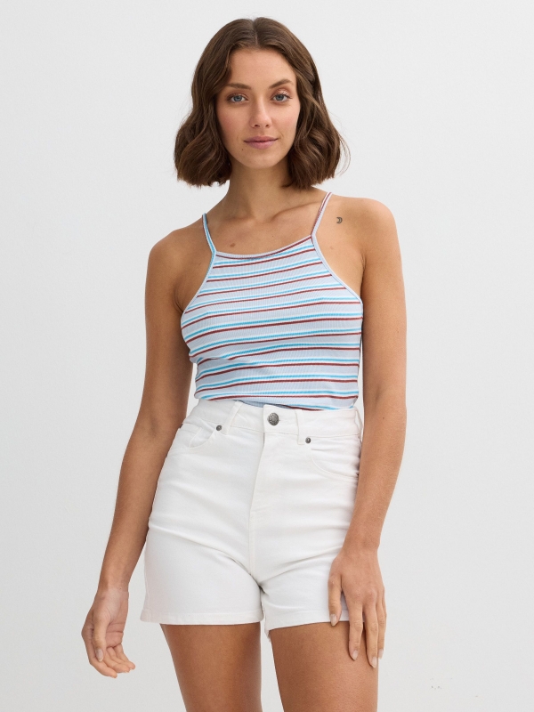Top halter rib rayas azul vista media frontal