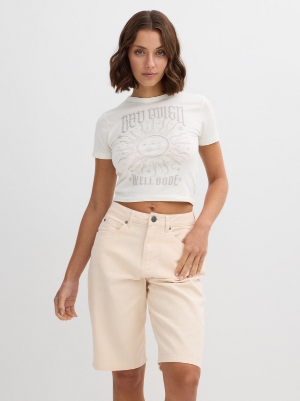 Cosmic print crop top shirt off white middle front view