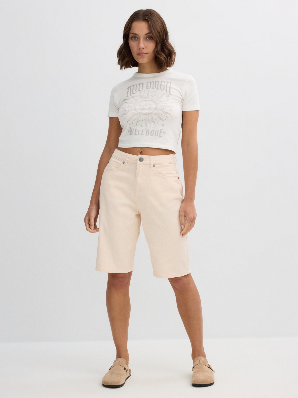 Bermuda jeans básica bege bege vista meia frontal