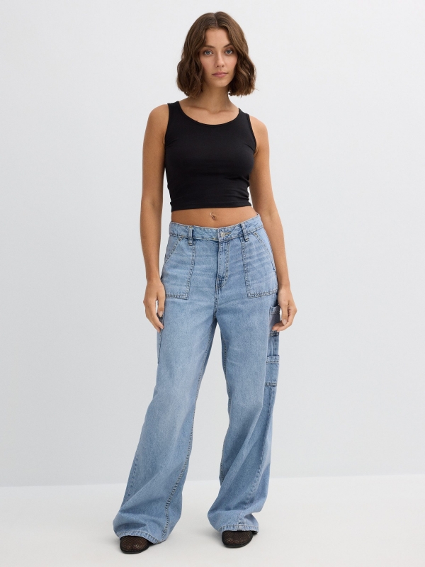 Jeans wide leg multibolsos azul vista geral frontal