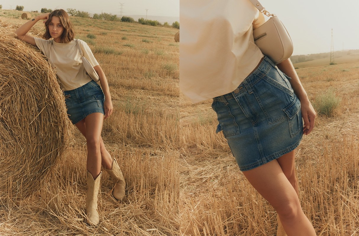 Falda mini denim multibolsillos azul vista media frontal