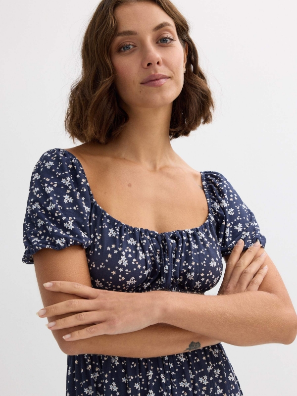 Floral print midi dress navy front view