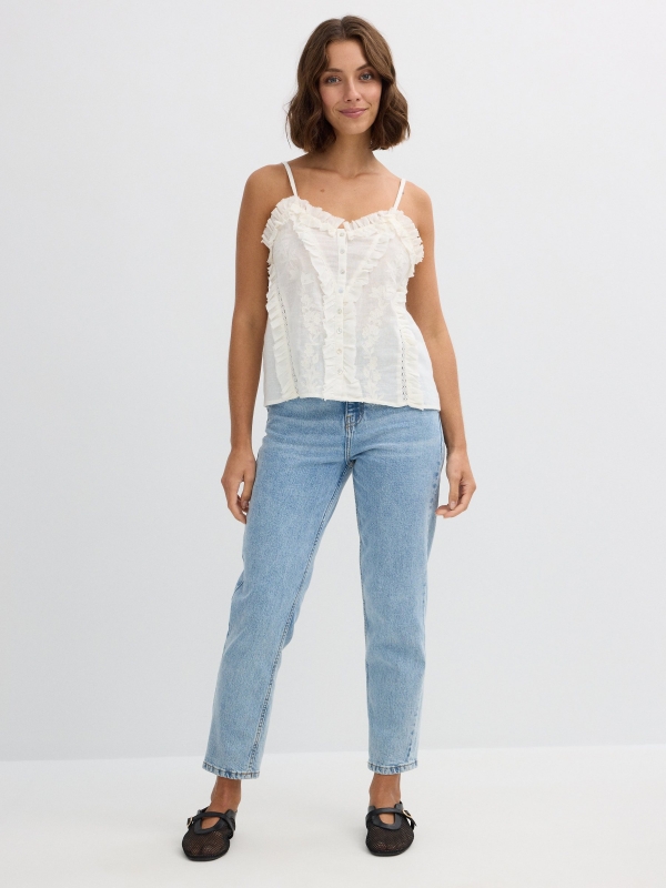 Top alças bordadas off white vista geral frontal