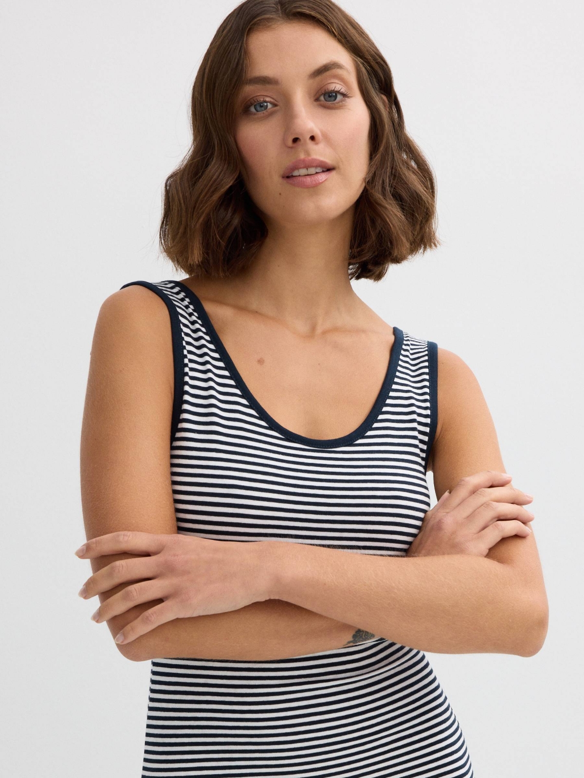 Striped midi dress navy front view