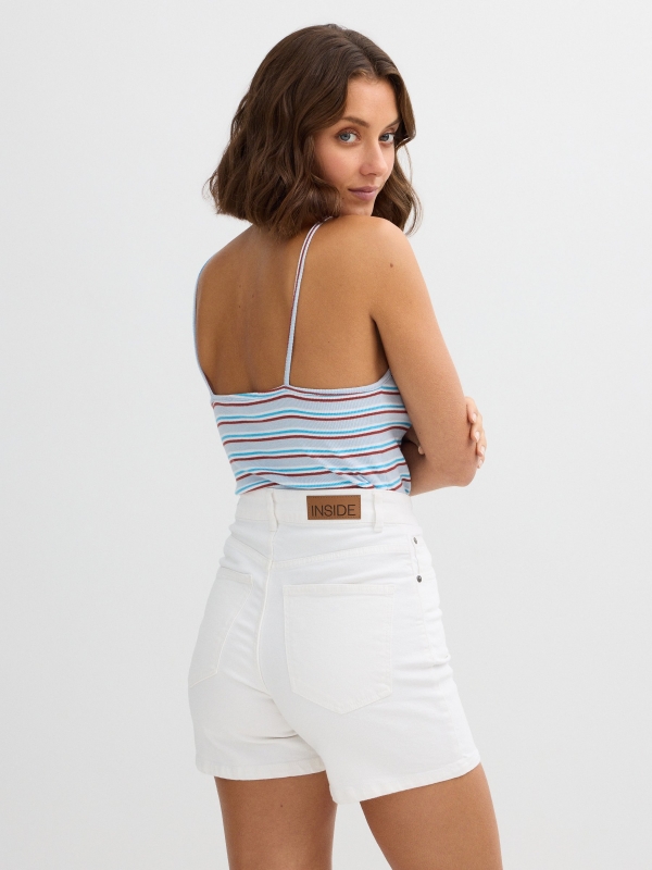 Top halter listrado canelado azul vista meia traseira