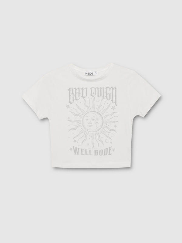  Cosmic print crop top shirt off white front view