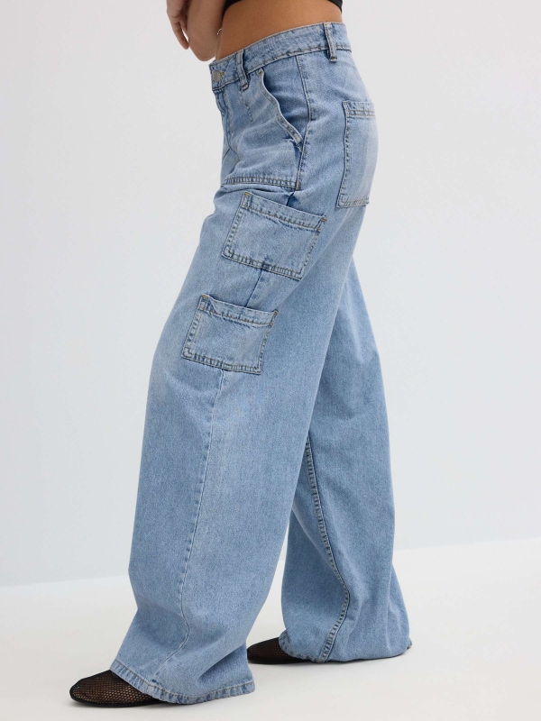 Jeans wide leg multibolsos azul vista detalhe