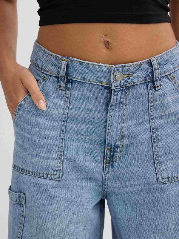 Jeans wide leg multibolsos azul vista detalhe