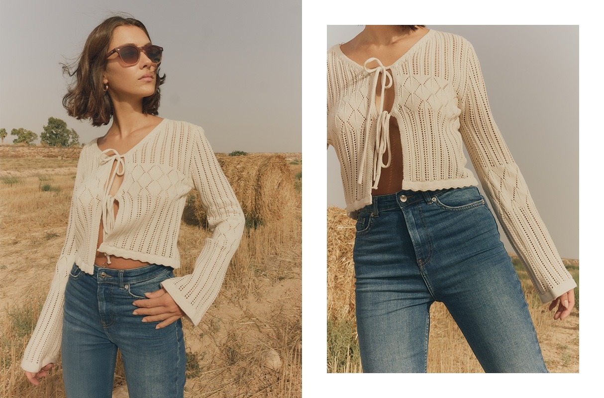 Cardigan laços areia vista meia frontal