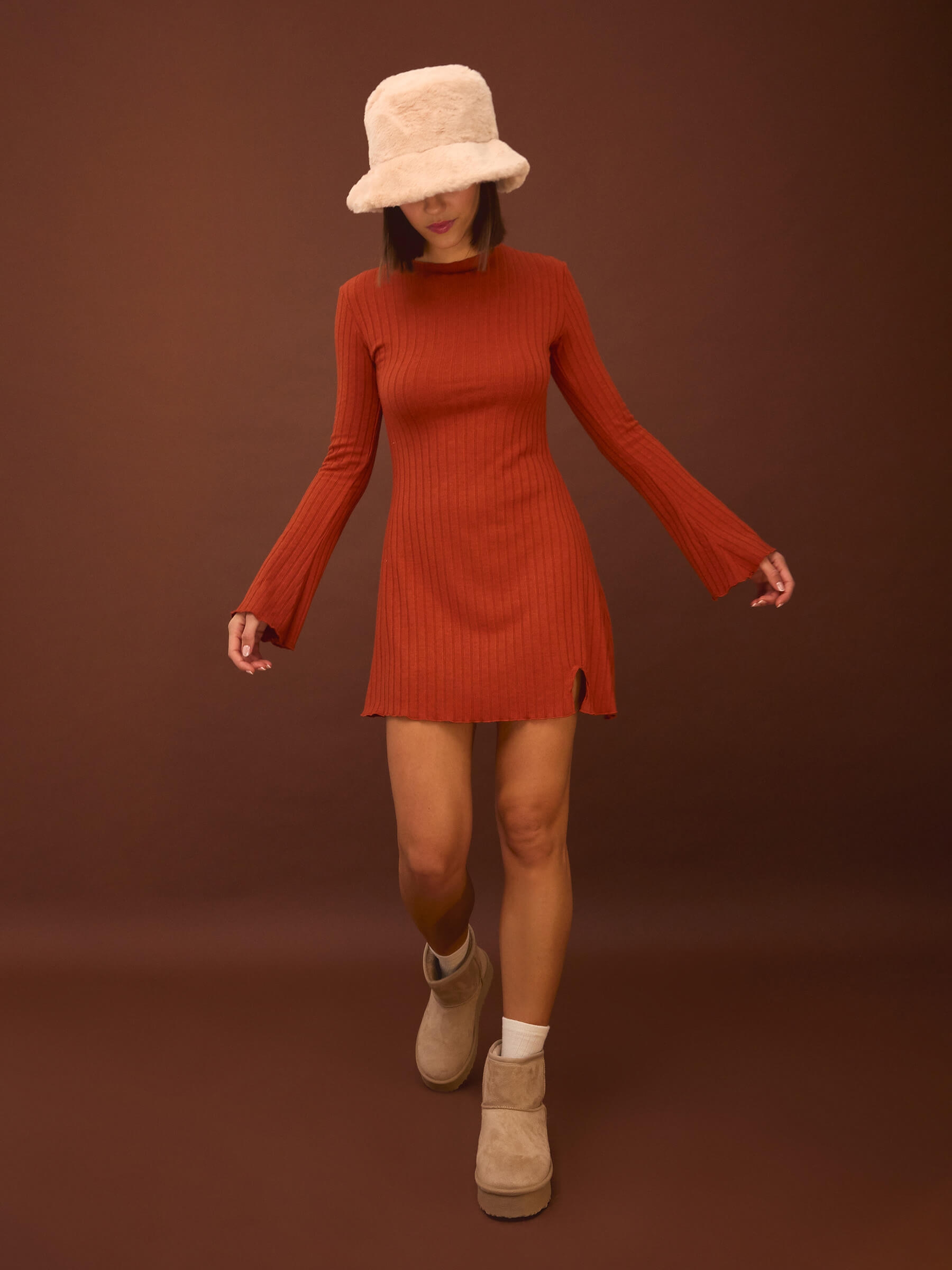 Ribbed curly flared sleeve dress copper middle front view