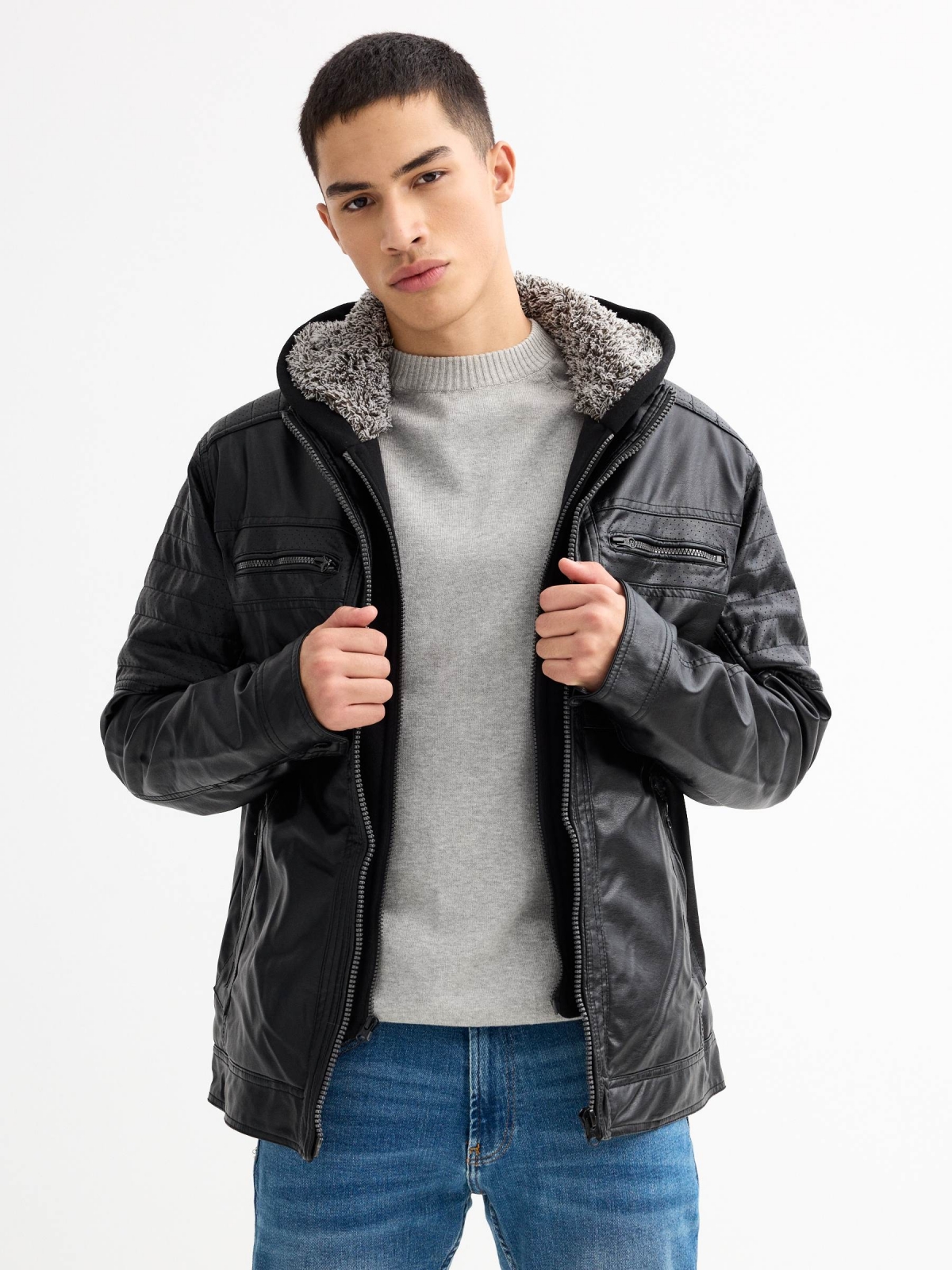 Hooded fur effect jacket with sheepskin hood black middle front view