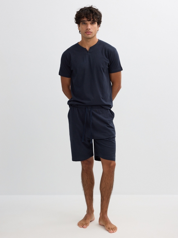 Short plain printed cotton pajamas blue front view