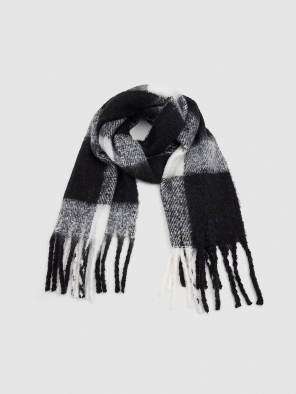White and black checkered scarf with fringes black